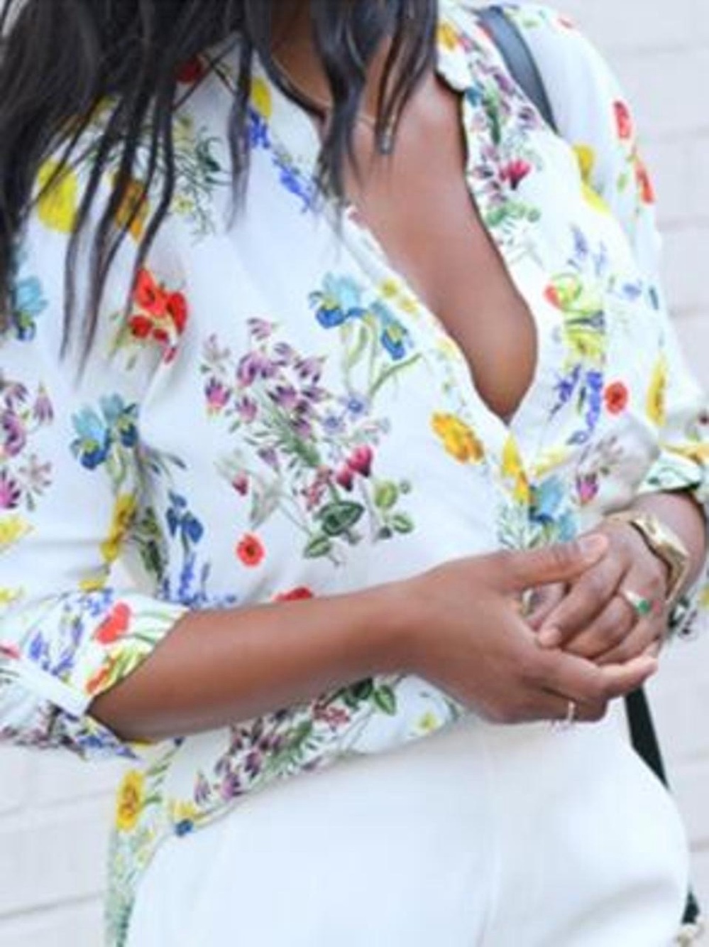 Zara White Floral Button-Front Blouse with Multicolor Print